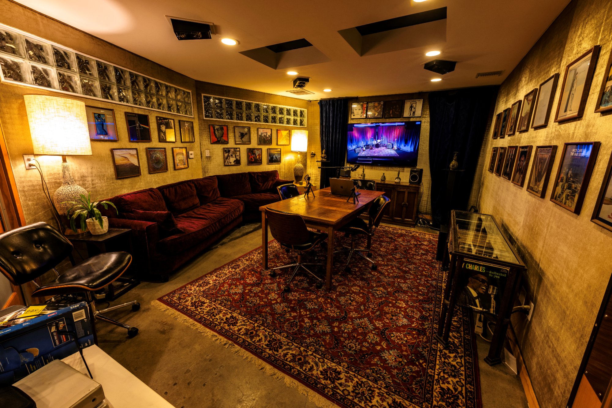 Studio G lounge with velvet couch and album art walls, Clearmountain's Berkeley Street Studios