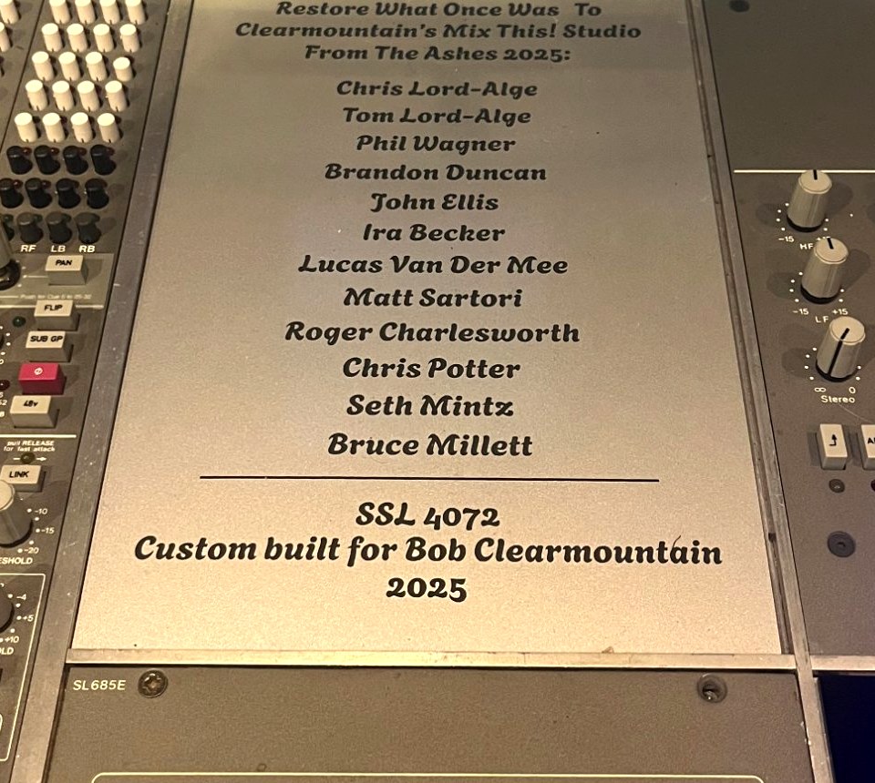 SSL 4072 custom mixing board plaque, Mix This! Studio restoration, Clearmountain's Berkeley Street Studios